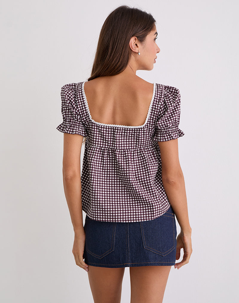 Axoni Square Neck Blouse in Mini Gingham Wine