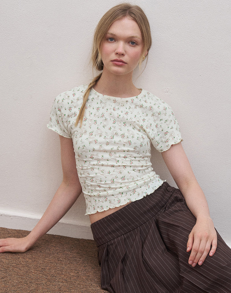 Luyu Short Sleeve Top in Floral Lace Ivory