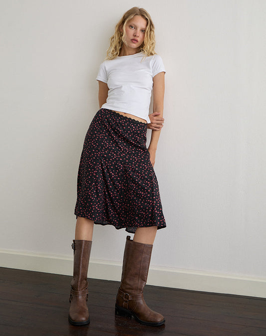 Rahyu Midi Skirt in Dark Pink Rose Black