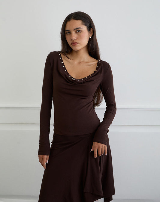 Scanio Long Sleeve Cowl Top with Studs in Bitter Chocolate