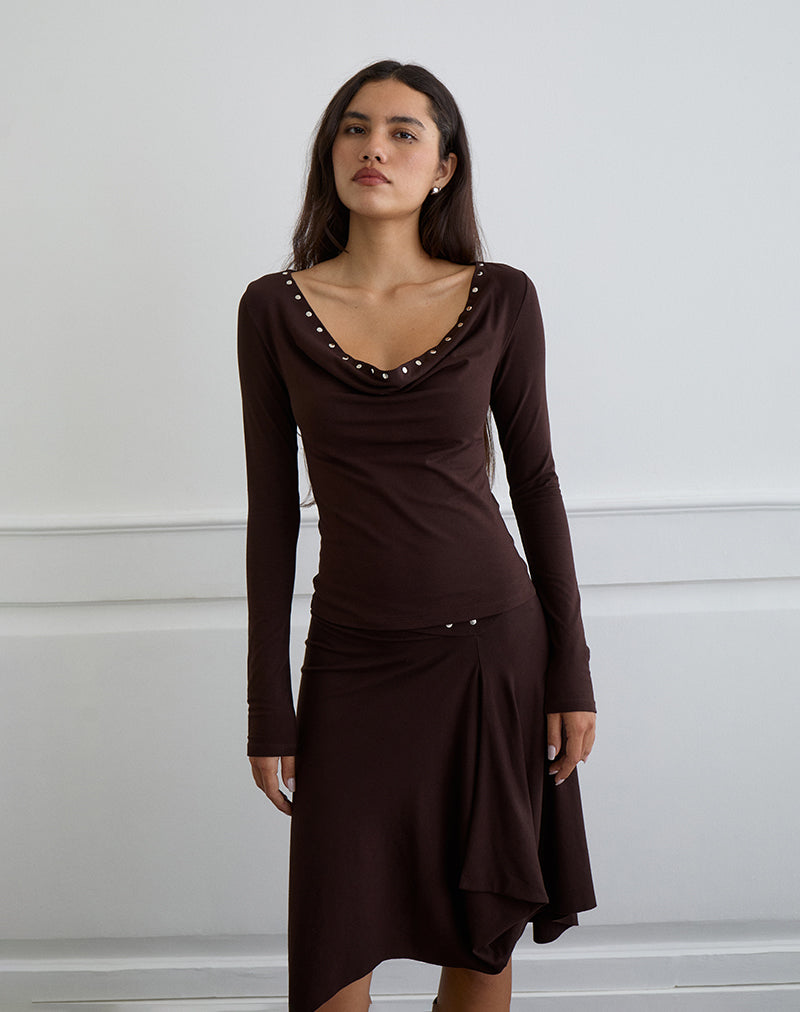 Scanio Long Sleeve Cowl Top with Studs in Bitter Chocolate