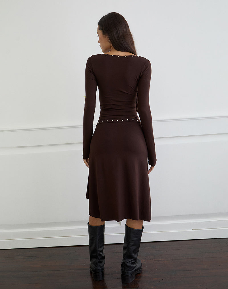 Scanio Long Sleeve Cowl Top with Studs in Bitter Chocolate
