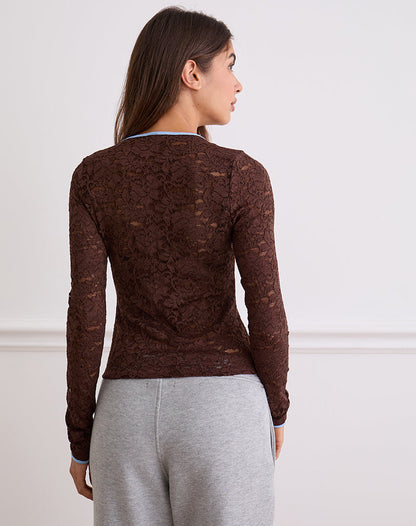 Abon Long Sleeve Top in Lace Brown with Blue Binding