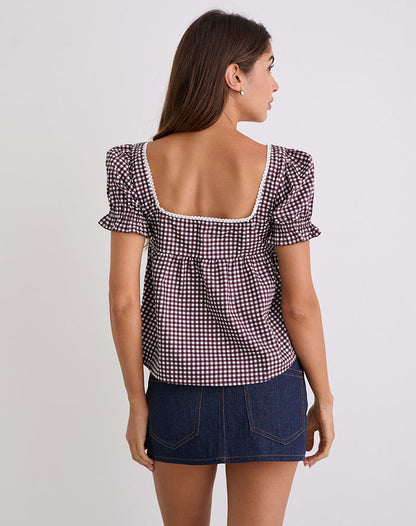 Axoni Square Neck Blouse in Mini Gingham Wine