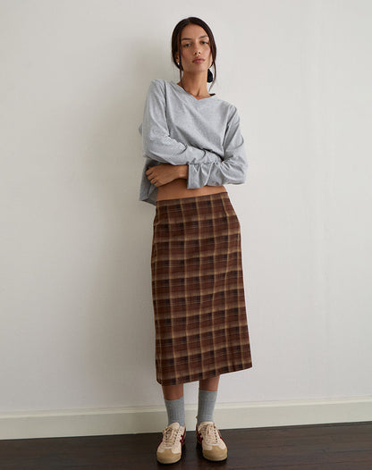 Badria Midi Skirt in Tartan Brown Red