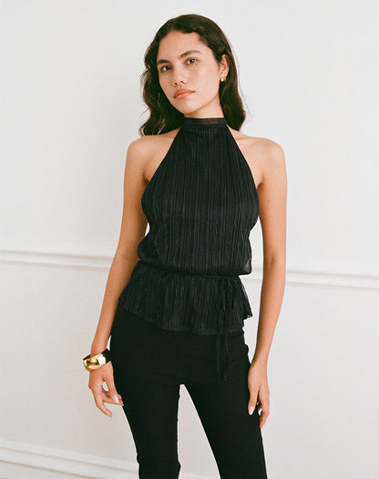 Brienne Top in Chiffon Plisse Black with Lining