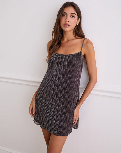 Cheria Mini Dress in Shimmer Plisse Brown