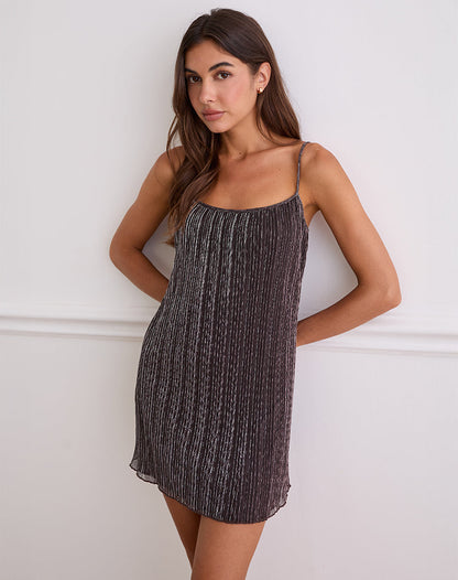 Cheria Mini Dress in Shimmer Plisse Brown