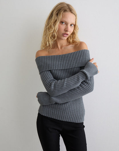 Circe Knitted Bardot Top in Grey