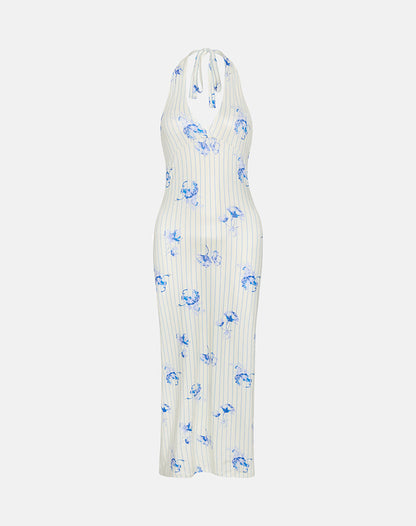 Fadwa Midi Dress in Floral Stripe Cream