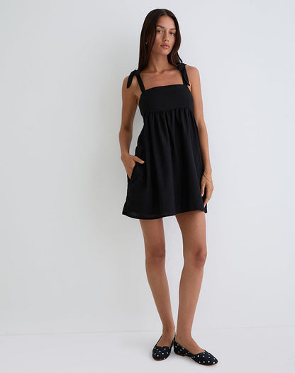 Kayla Square Neck Mini Dress in Linen Black
