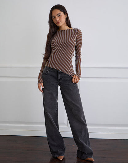 Lakya Long Sleeve Top in Diagonal Stripe Flocked Brown and Cream