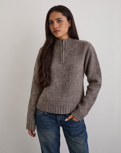 Lamara Quater Zip Jumper in Dark Brown Marl