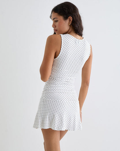 Luscian Plunge Mini Dress in White with Micro Polka Black