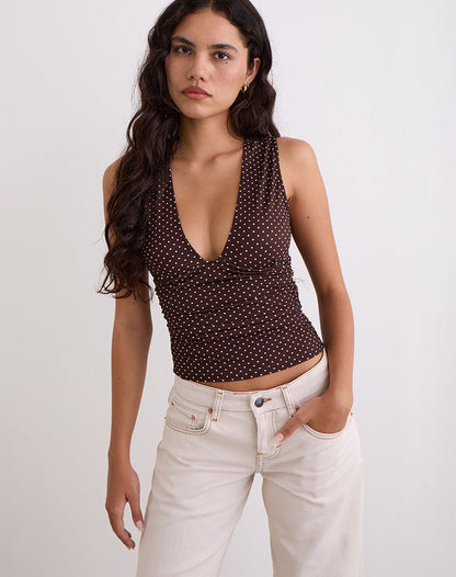 Lycia Plunge Top in Micro Polka Brown