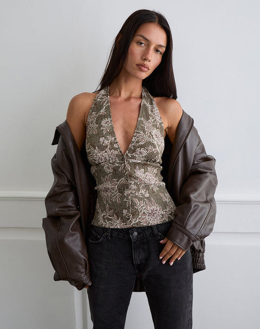 Mabli Halterneck Top in Textured Woven Floral Green