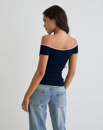 Mayomi Off the Shoulder Top in Navy with Pink Binding