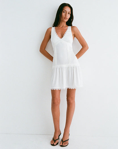 Nesha Ruffle Satin Mini Dress in White