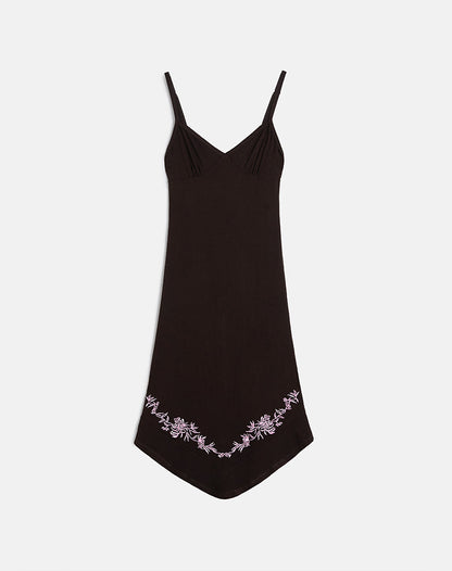Quelin Midi Dress in Chocolate Brown with Rose Embroidery