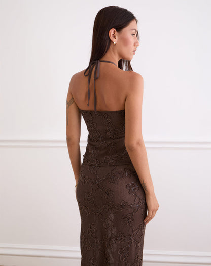 Ruwi Sequin Knit Halter Top in Dark Brown