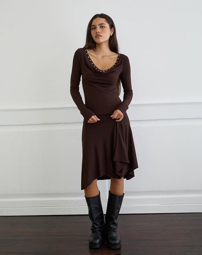 Scanio Long Sleeve Cowl Top with Studs in Bitter Chocolate