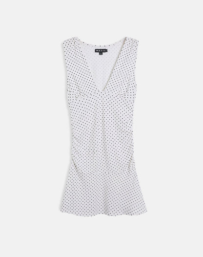 Luscian Plunge Mini Dress in White with Micro Polka Black