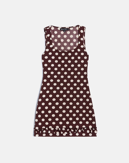 Vadora Frill Hem Mini Dress in Brown with Big Polka Cream