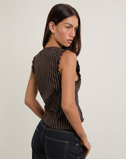 Yarala Blouse in Mono Pinstripe Chocolate