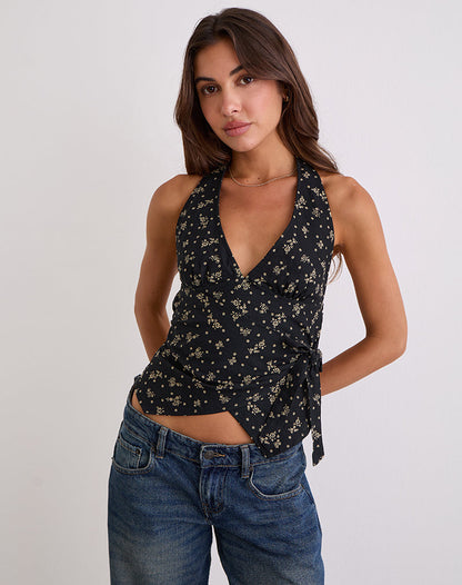 Yung Halterneck Wrap Top in Floral Land Black